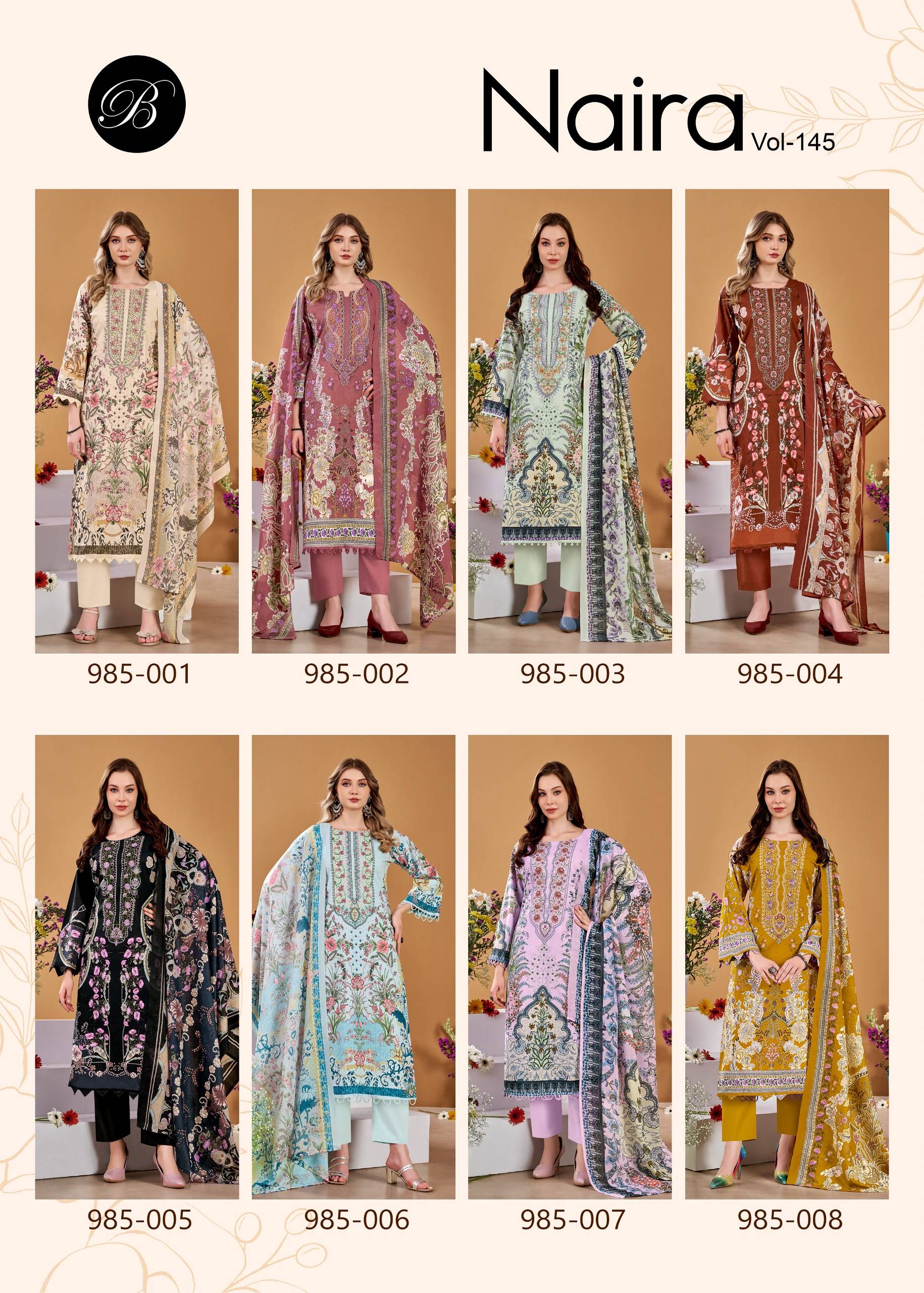 NAIRA VOL-145 by BelliZa DesigNer 985-001 TO 985-008 SERIES Pakistani Stylish Embroidered PURE COTTON COLLECTION At Wholesale Price